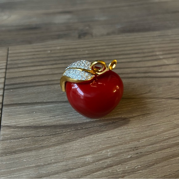 Kenneth Jay Lane Jewelry - Vintage KJL Kenneth Jay Lane Red Lucite Apple Clear Crystals Gold Tone Pendant